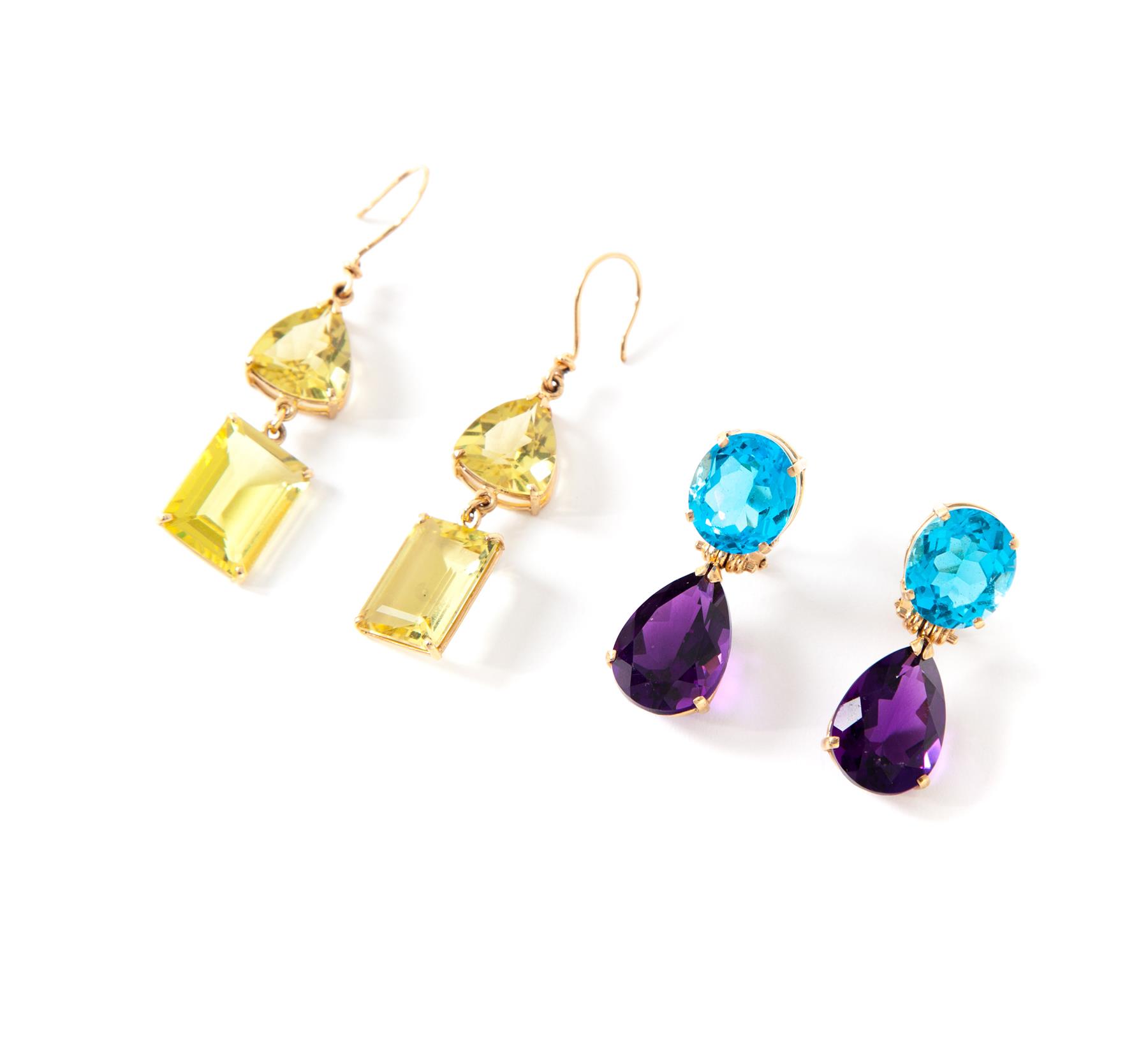 Appraisal: TWO PAIRS OF GOLD AND MULTICOLOR GEMSTONE EARRINGS American st