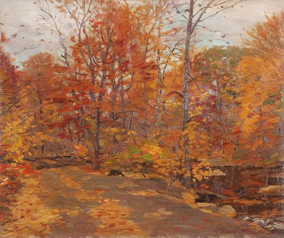 Appraisal: Wooded autumn landscape oil on canvas relined x SLR R