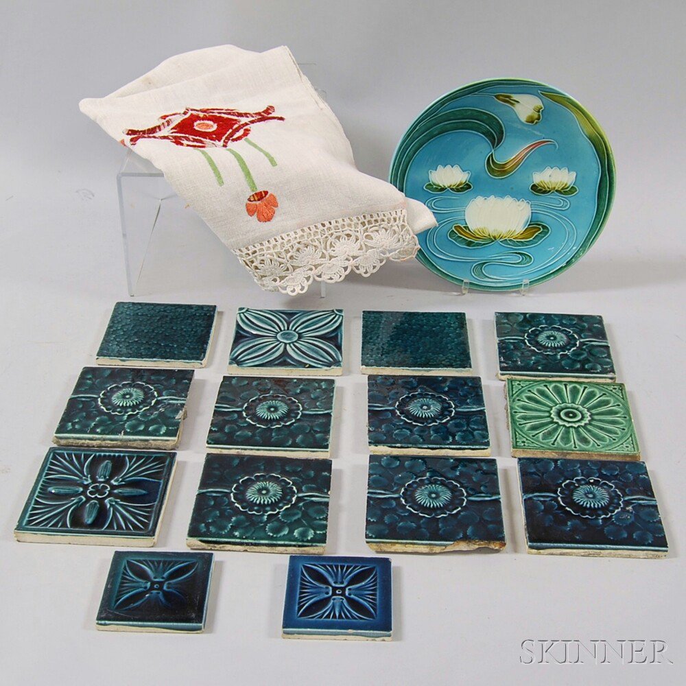 Appraisal: Fourteen Teal-glazed J J G Low Arts Crafts Tiles a