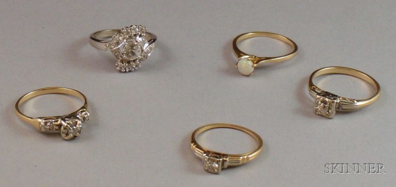 Appraisal: Five Assorted Art Moderne and Other Rings including a kt