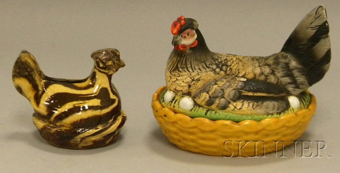 Appraisal: Hand-painted Staffordshire Porcelain Hen-on-Nest and a Yellowware Hen-on-Nest Bank