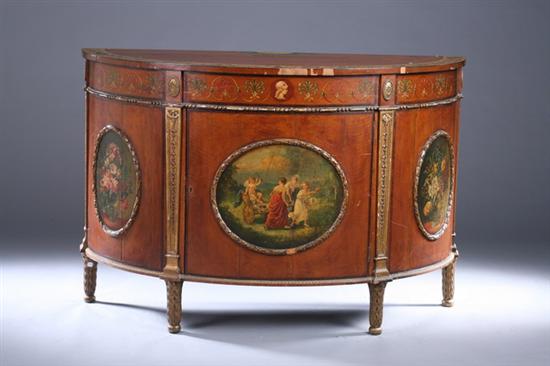 Appraisal: GEORGE III STYLE PAINTED AND PARCEL-GILT DEMI-LUNE COMMODE th century