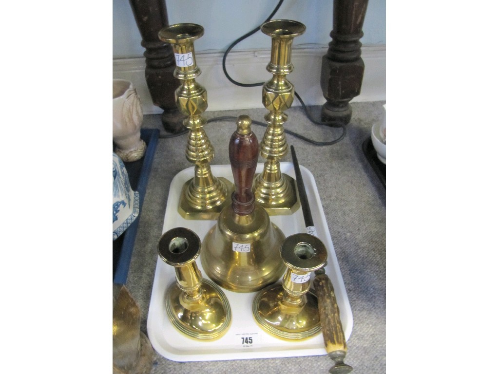 Appraisal: Tray of brass items candlesticks handbell etc