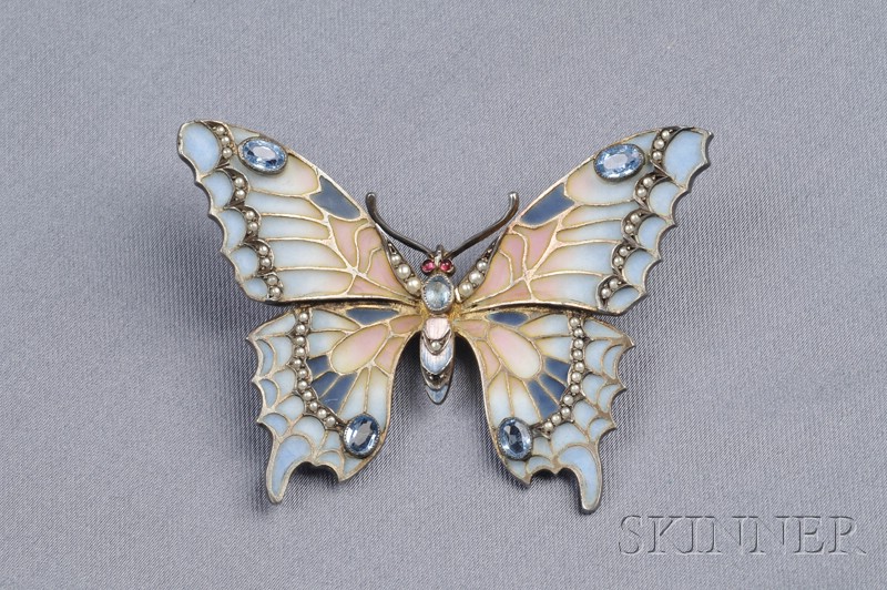 Appraisal: Art Nouveau Sterling Silver Plique-a-Jour Enamel and Gem-set Butterfly Pendant