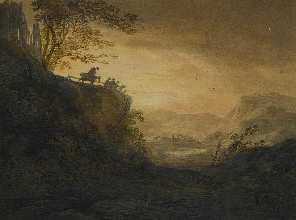 Appraisal: WILLIAM PAYNE - FIGURES IN A HILLY LANDSCAPE AT DUSK