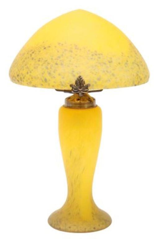 Appraisal: French yellow pate de verre glass mushroom lamp th c