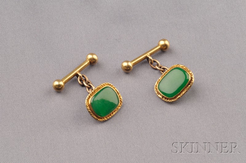 Appraisal: kt Gold and Jadeite Cuff Links each bezel-set with a