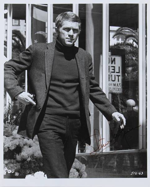 Appraisal: One signed photograph of Steve McQueen on the set of