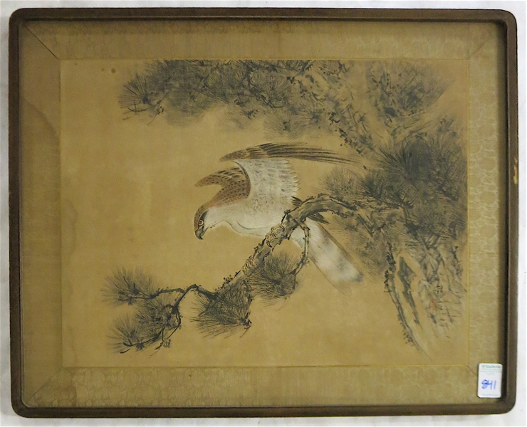 Appraisal: CHINESE INK WASH AND WATERCOLOR ON PAPER hawk perched on