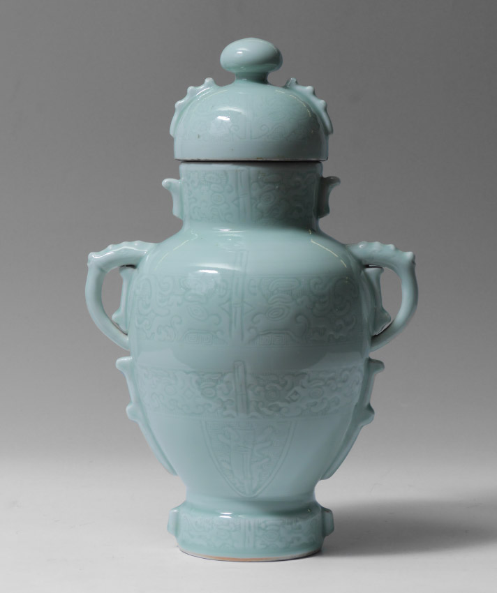 Appraisal: CHENGHUA MARKED CHINESE CELADON COVERED JAR Incised bands of repeating