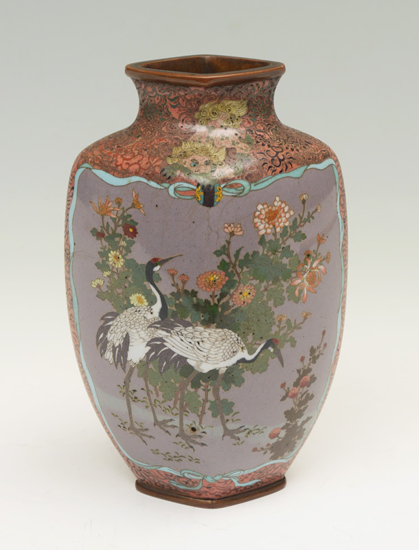 Appraisal: ORNATE CLOISONNE VASE WITH CRANES Unique rhombus form vase pink