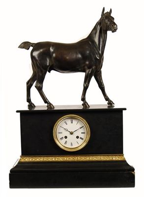 Appraisal: A late th century polished slate mantel clock with an