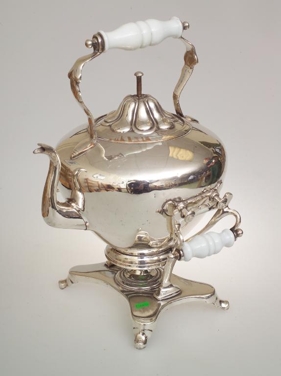 Appraisal: th CENTURY SILVER-PLATED SPIRIT KETTLE ON STAND the large kettle