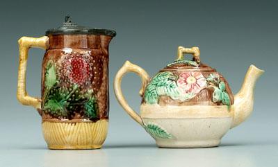 Appraisal: Majolica teapot syrup teapot with flowers - in small chips