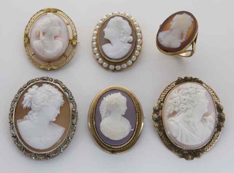 Appraisal: Victorian gold and shell cameos pendant brooches and ring depicting