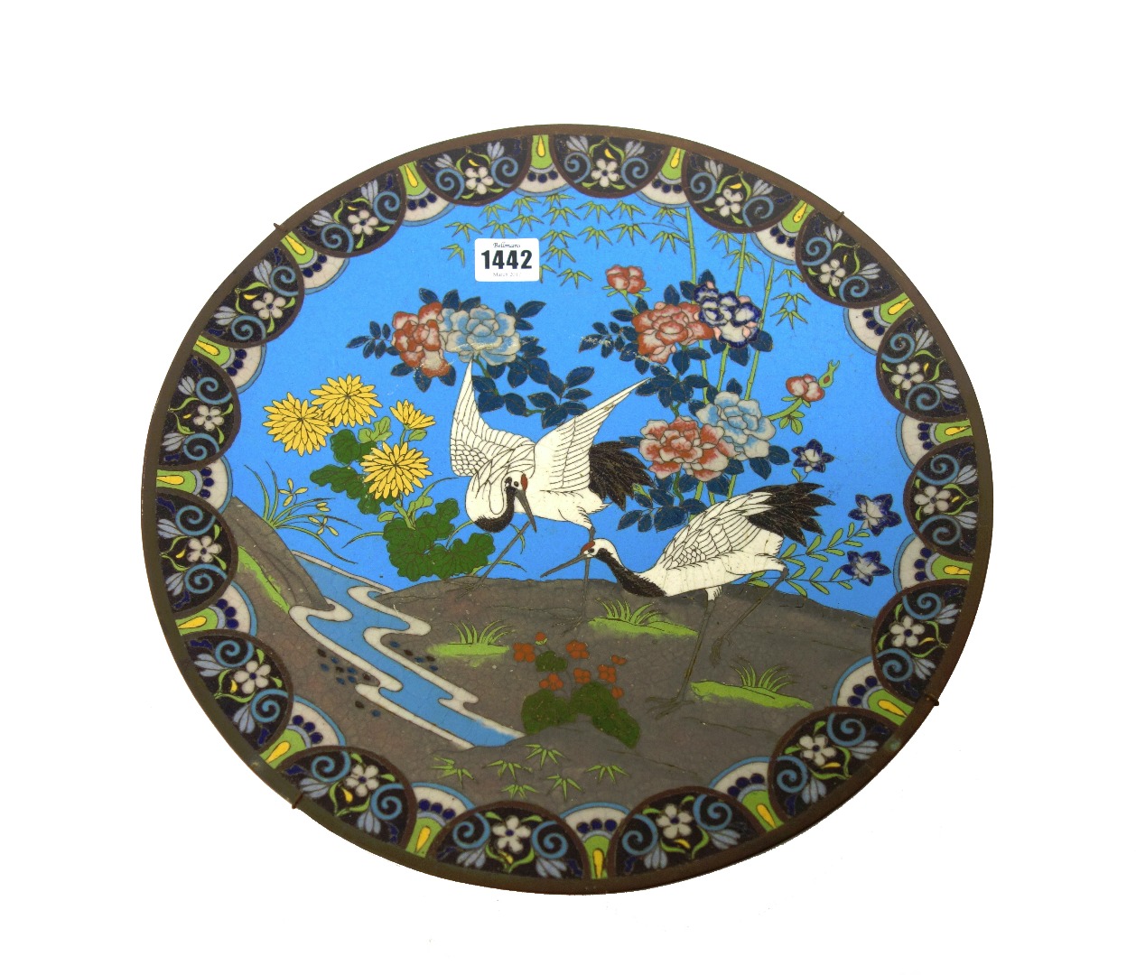 Appraisal: A Japanese cloisonn dish Meiji period depicting two cranes beside