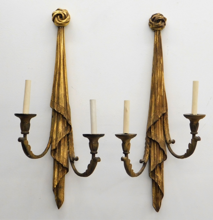 Appraisal: PR FRENCH GILT CARVED WOOD ACANTHUS LEAF SCONCES France th