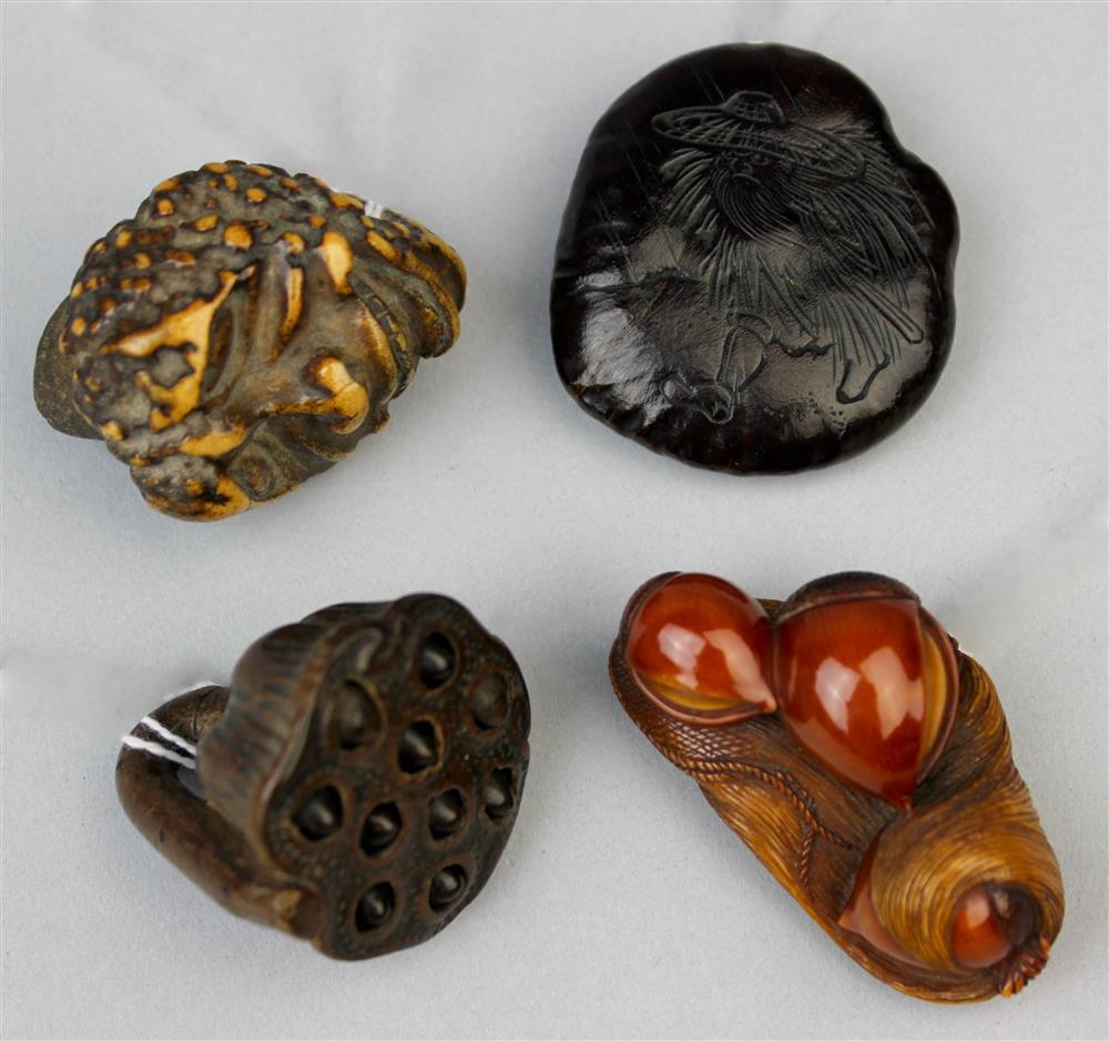 Appraisal: GROUP OF FOUR ASSORTED NETSUKE including a chestnut and leaf