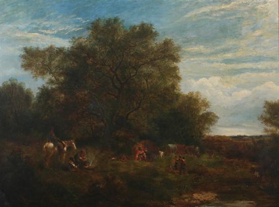 Appraisal: ENGLISH SCHOOL th century GYPSY ENCAMPMENT oil on canvas laid