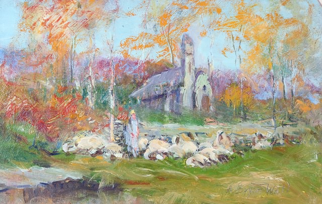 Appraisal: Landscape with figure and church among trees oil on board