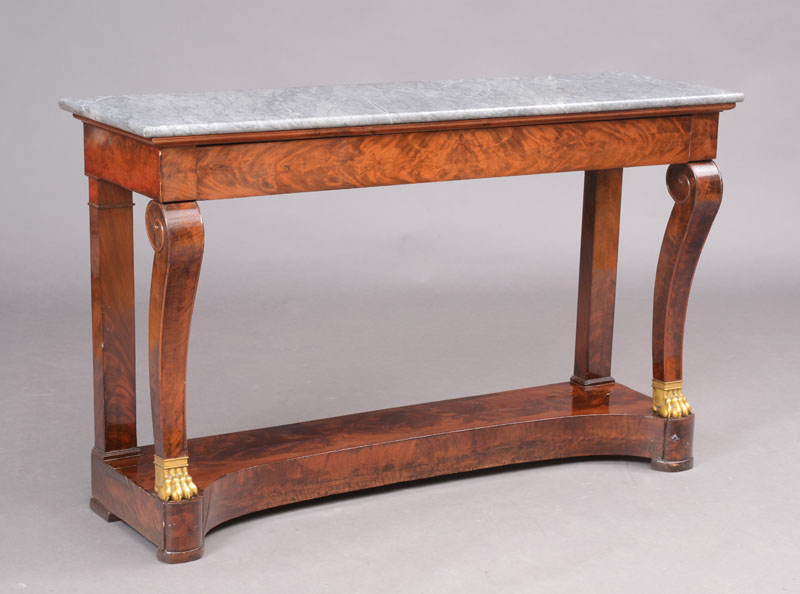 Appraisal: EMPIRE ORMOLU-MOUNTED MAHOGANY CONSOLE TABLE STAMPED KOLPING The rectangular grey