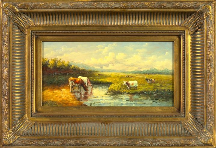 Appraisal: British School st Century Pastoral Scene with Cattle Watering oil