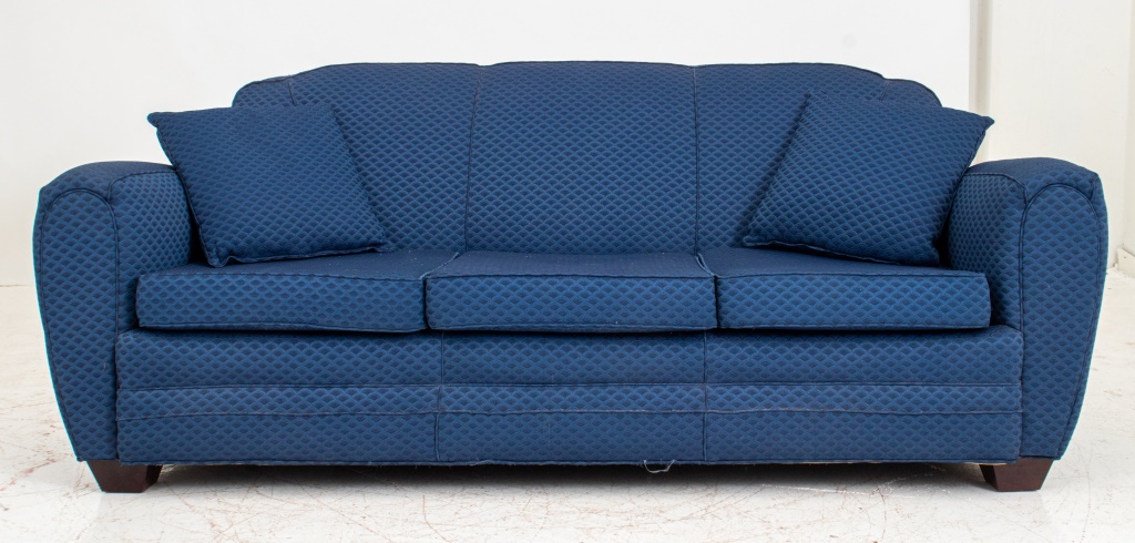 Appraisal: BLUE UPHOLSTERED THREE SEATER SOFA Blue jacquard weave upholstered three