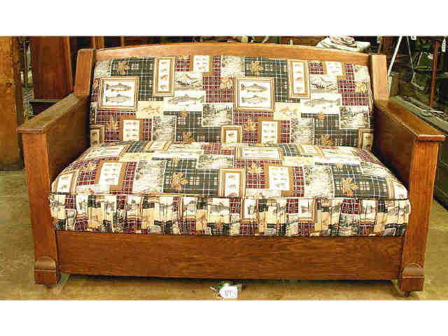 Appraisal: period oak framed sleeper sofa couch Newly upholstered in designer