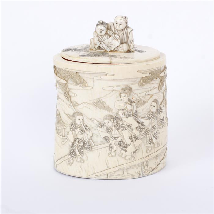 Appraisal: Chinese carved ivory scenic tea caddy with figural lid Lid