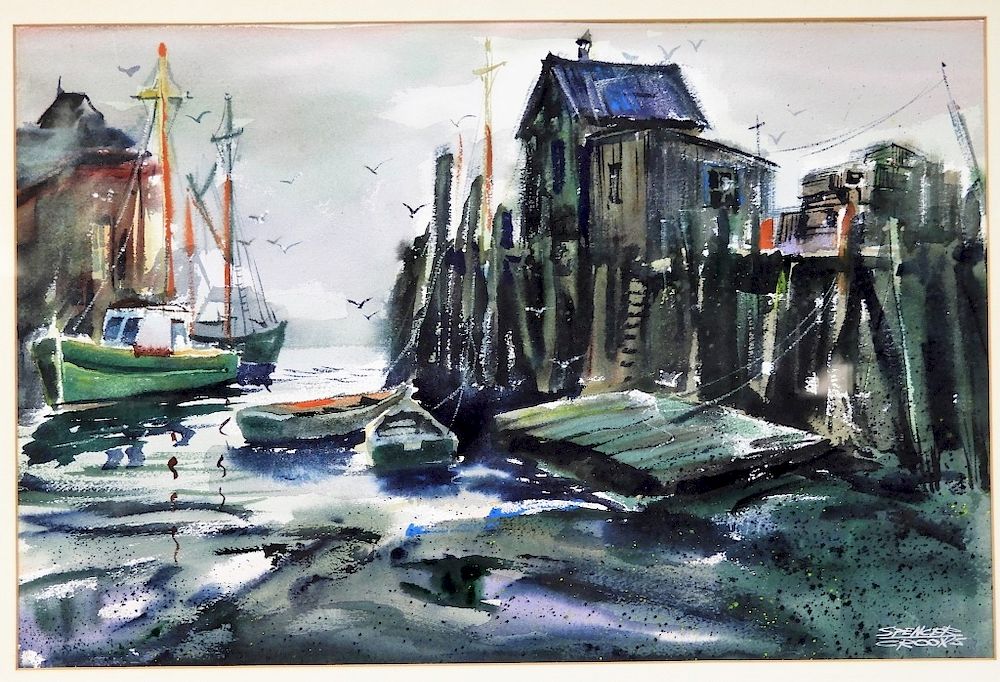 Appraisal: Spencer Crooks New England Harbor Dock Painting Spencer Crooks Rhode