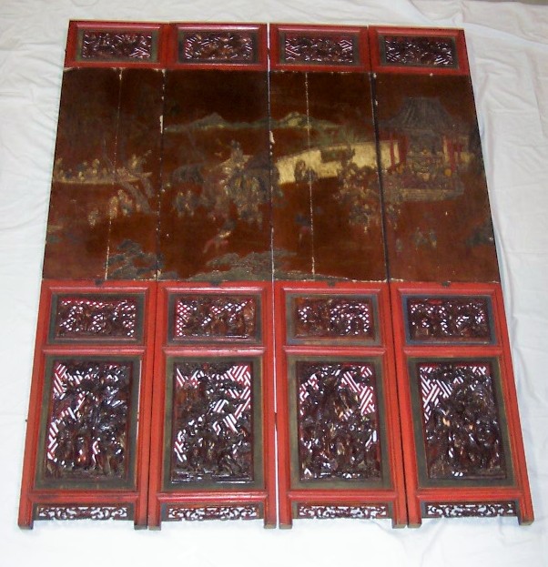 Appraisal: Four Chinese Lacquered Panels Four hand carved panels with inset