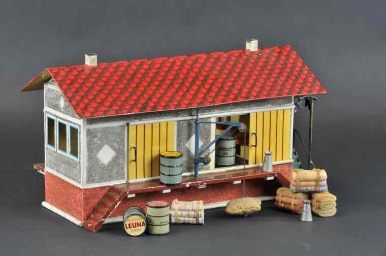 Appraisal: MARKLIN FREIGHT STATION Hand enameled tin w lithographed roof and