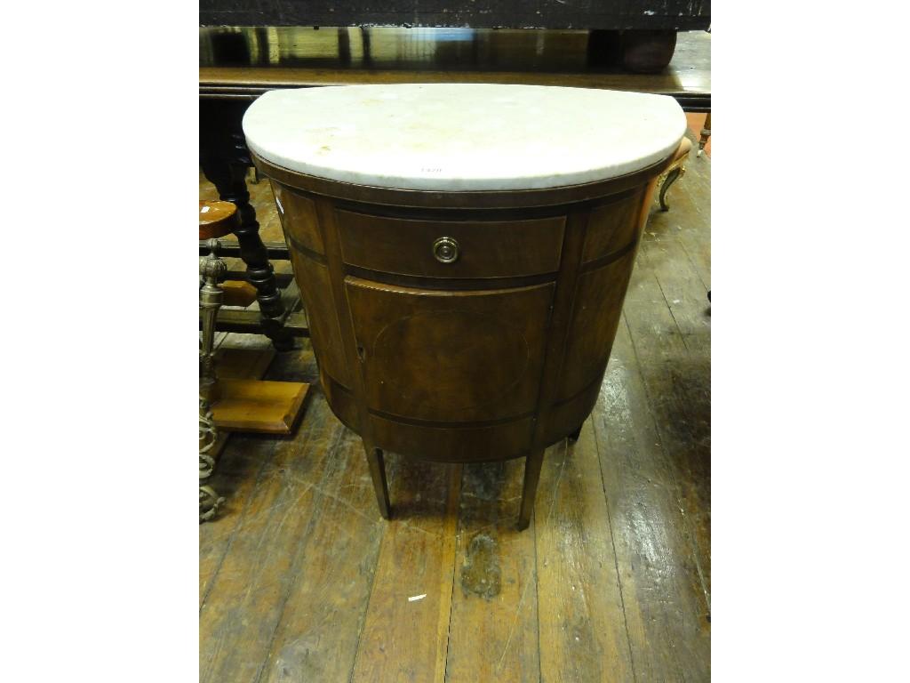 Appraisal: An inlaid Edwardian mahogany demi-lune side cupboard with marble top