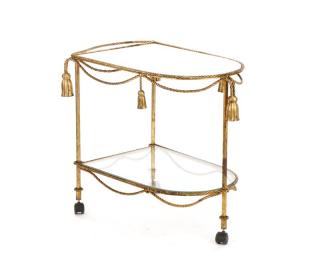 Appraisal: Modern Brass Glass Tassel Motif Bar Cart Continental likely Italian