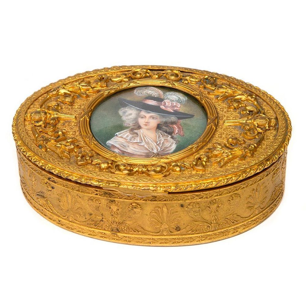 Appraisal: Oval Gilt Metal Box with Portrait Plaque Round Portrait Plaque