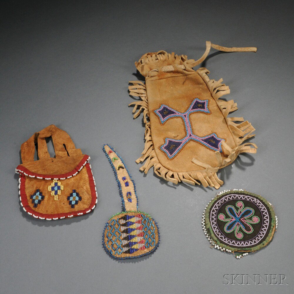 Appraisal: Four Beaded Pouches a watch fob a puzzle pouch a