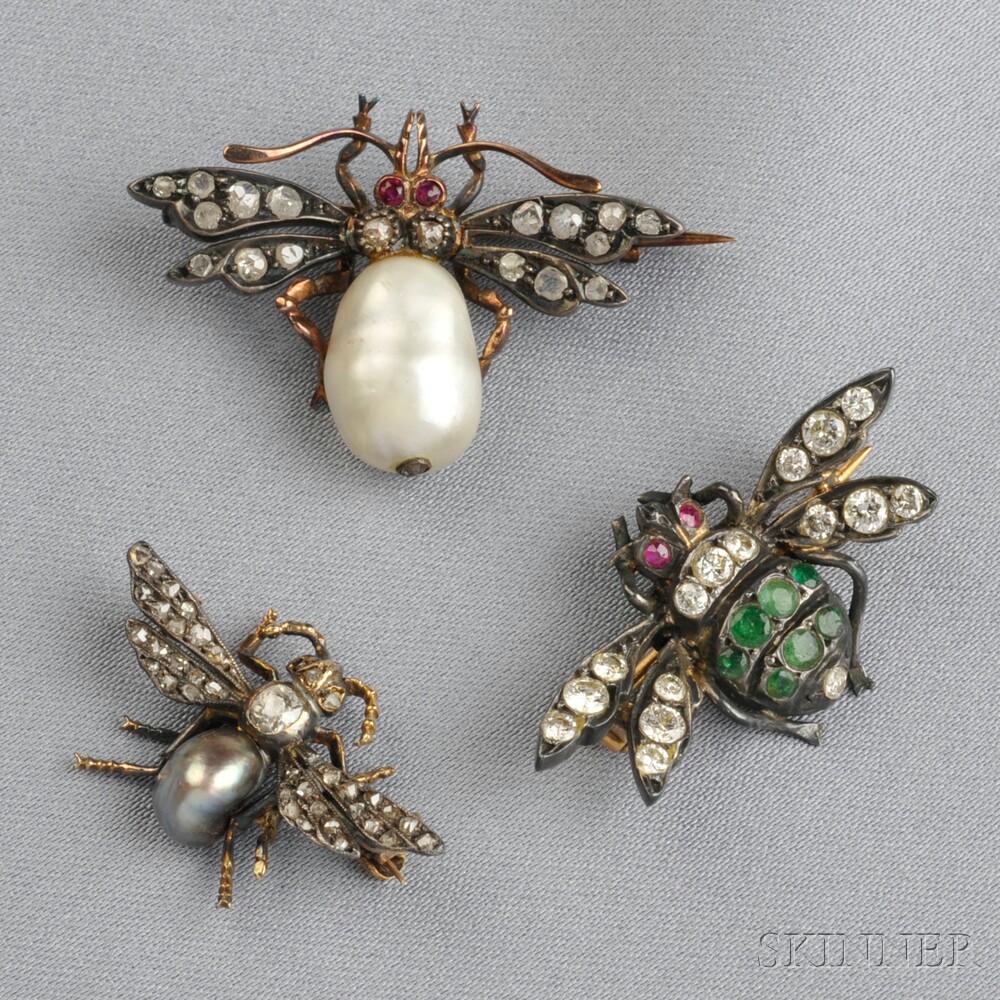 Appraisal: Three Antique Gem-set Insect Brooches one with baroque pearl and