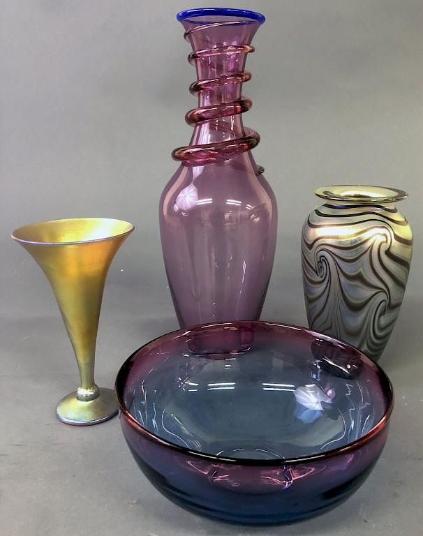 Appraisal: Grouping of Four Signed Art Glass Pieces Signed Lundberg favrile