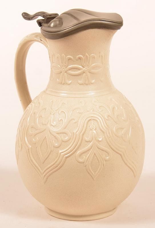 Appraisal: English Stoneware Pewter Mounted Syrup Jug English Stoneware Pewter Mounted