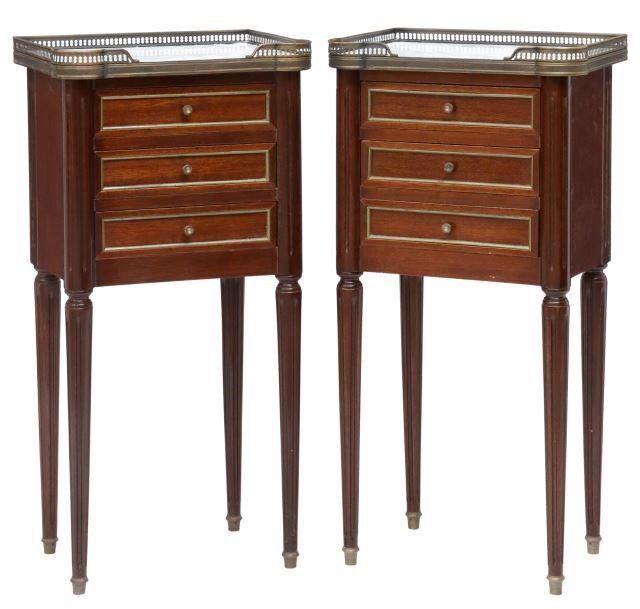 Appraisal: pair French Louis XVI style marble-top mahogany nightstands early th