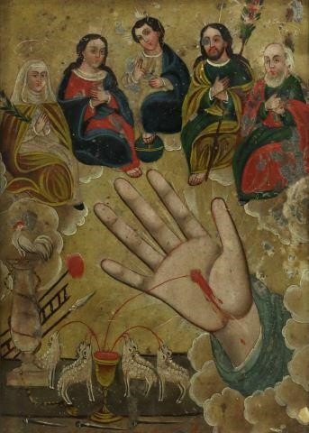 Appraisal: Framed oil on tin retablo Mexico th c La Omnipotente