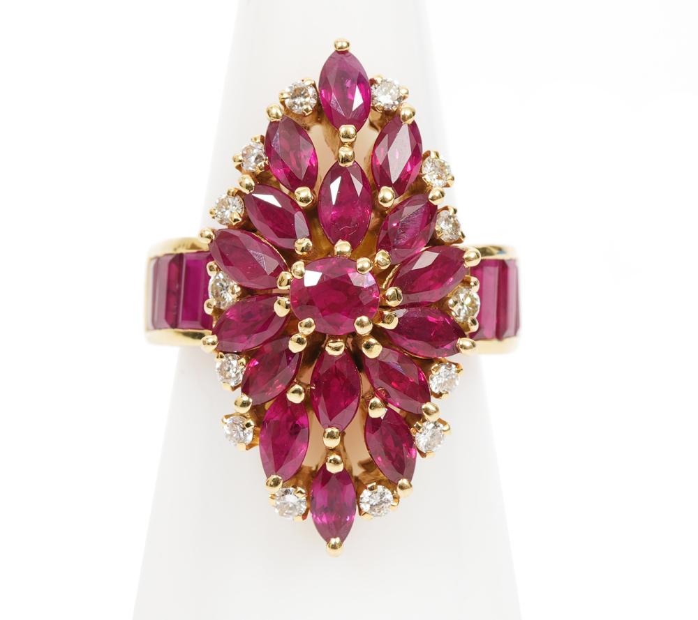 Appraisal: K yellow gold diamond and synthetic ruby Navette Design cluster