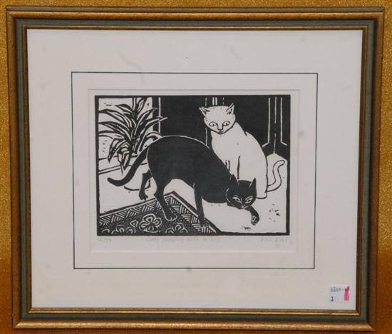 Appraisal: KYOHEI INUKAI - Woodcut Cats Playing with a Bug signed