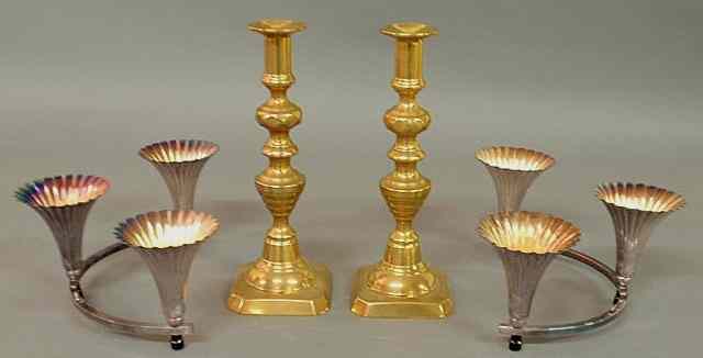 Appraisal: Pair of Victorian brass beehive candlesticks h and a Sheffield