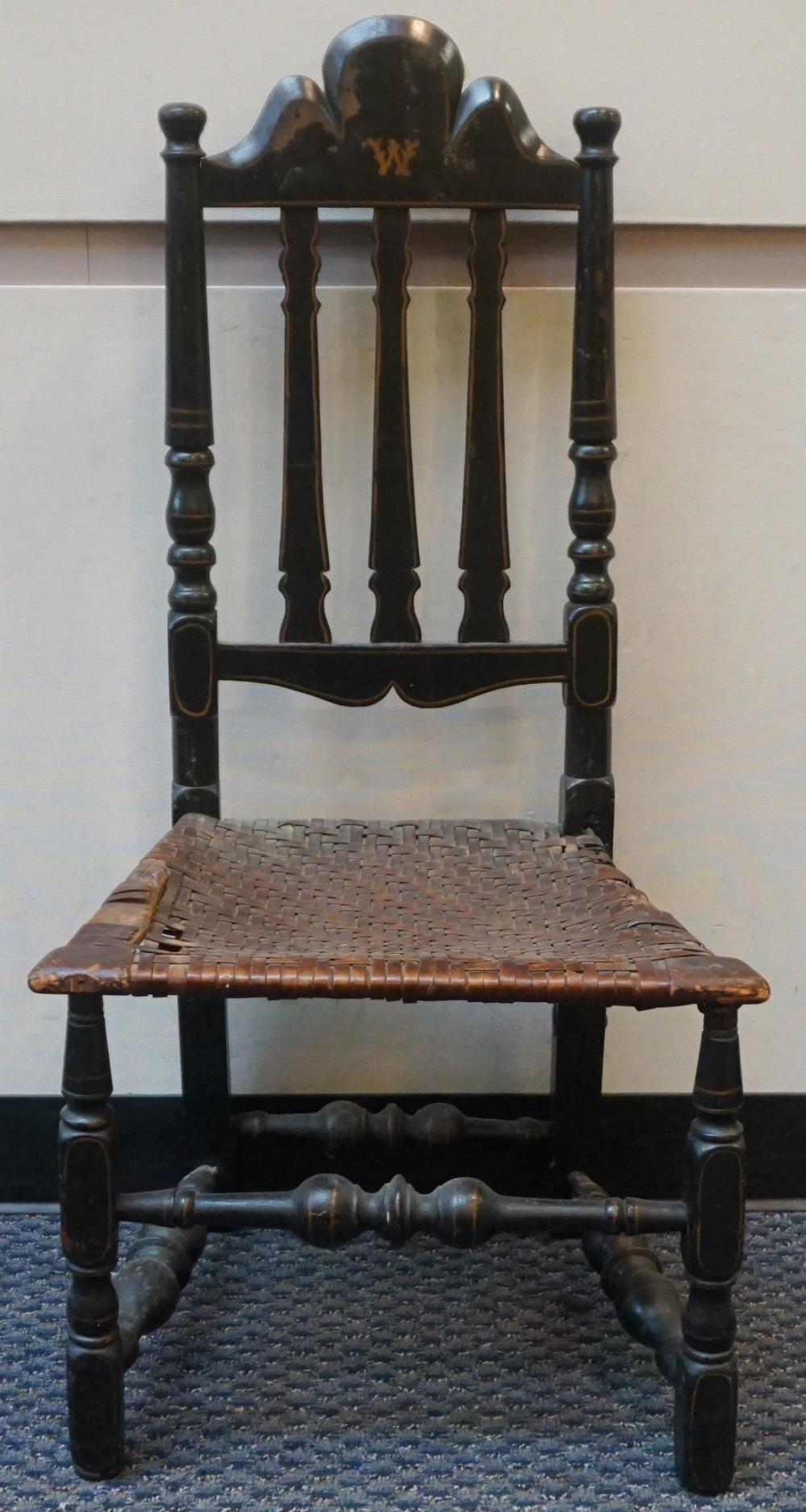 Appraisal: WILLIAM MARY PAINTED DECORATED BANISTER-BACK SIDE CHAIR NEW ENGLAND CIRCA