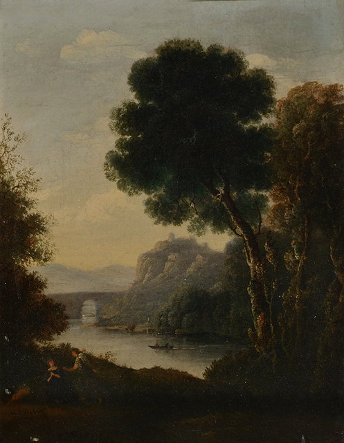 Appraisal: FOLLOWER OF RICHARD WILSONRiver landscape at dusk with cliff top