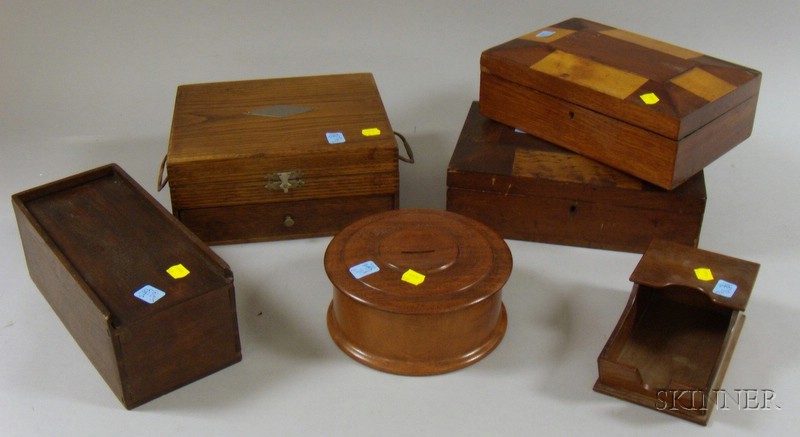 Appraisal: Six Assorted Wooden Boxes mostly th century including parquetry veneered