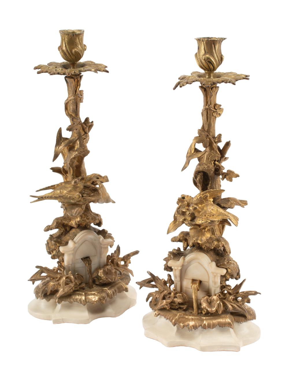 Appraisal: Pair of Antique French Bronze and Marble Candlesticks modeled as