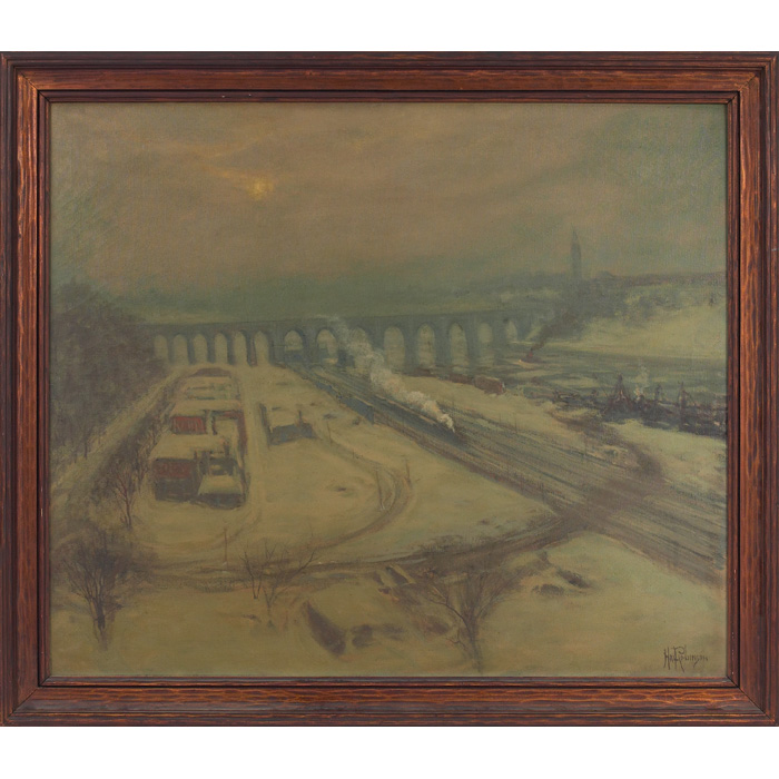 Appraisal: Hal Robinson American - Snowy Train Station c oil on