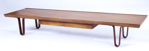 Appraisal: EDWARD WORMLEY DUNBAR Walnut Longjohn bench with center drawer Green